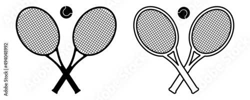 Tennis rackets icon on white background. Tennis rackets and ball. Vector black silhouette.