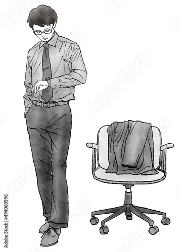 椅子にスーツの上着を掛けて立ち、腕時計を見ている男性の手描き水彩イラスト（モノクロ）