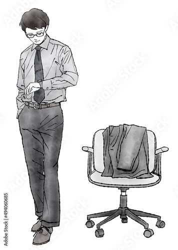 椅子にスーツの上着を掛けて立ち、腕時計を笑顔で見ている男性の手描き水彩イラスト（モノクロ）