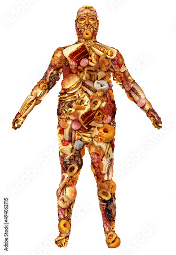 Human body made of junk food as a nutrition and dietary health problem concept as an obese person or obesity and diabetes symbol as a huge group of unhealthy fast food and snacks.