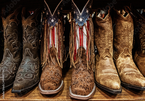 Closeup of Cowboy boots on sale in shops in downtown Nashville, Tennessee
