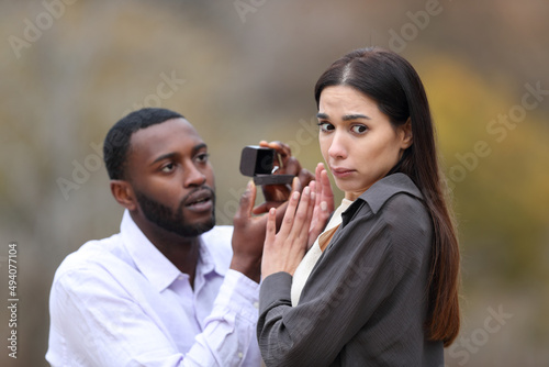 Woman rejecting her boyfriend after marriage proposal