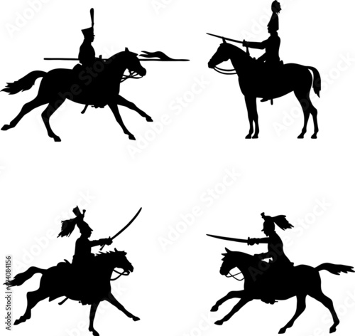 Riders set. Napoleonic Wars. Black vector silhouettes of soldiers with weapons