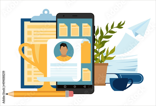 Vector illustration of the concept of filling out a resume online, a business company takes an employee to work, study the resume. Isolated flat vector illustration.