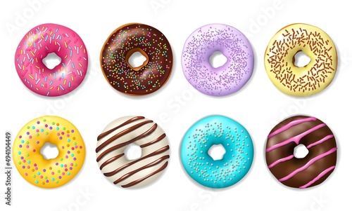 Realistic donut cake icon. Doughnut desserts with chocolate cream icing and sprinkles. Bakery sweet pastry food, cafe confectionery and colorful glazed donuts, 3d vector doughnuts with frosting