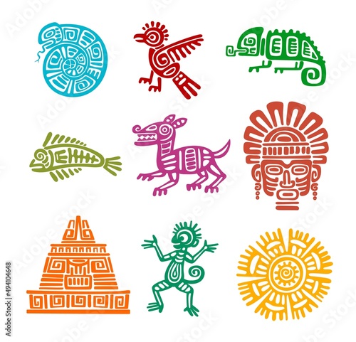 Mayan aztec totem of snake, eagle bird, fish and chameleon, monkey, dog and tiki mask, sun, Incas pyramid. Latin America or mexican history, traditional art or maya civilization vector ancient symbols