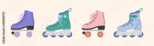 Set with roller skates icons. Sport and hobbies. Retro fashion style from 80s and 90s. Cute vector illustration in trendy colors. Hand drawn style. 