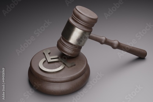 Disabled symbol and judge gavel on gray background. Law for disabled people rights concept. 3d illustration