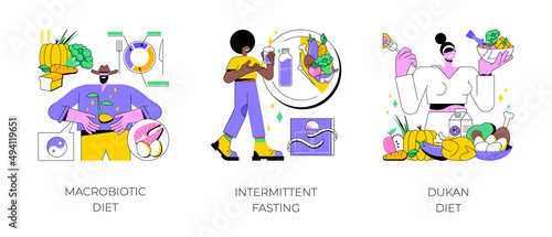 Burn fat abstract concept vector illustration set. Macrobiotic diet, intermittent fasting, Dukan weight-loss meal plan, organic nutrition, low carb food, metabolic health, digestion abstract metaphor.