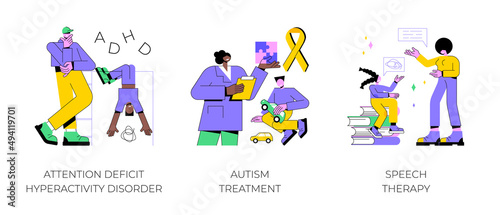 Children development issues abstract concept vector illustration set. Attention deficit hyperactivity disorder, autism treatment, speech therapy, hyperactivity, cognitive disability abstract metaphor.