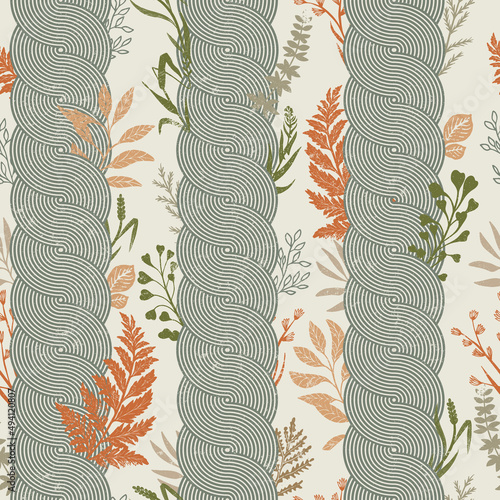 Decorative seamless pattern with braids and herbs. A modern original solution for wallpaper and fabrics. Textured background, natural natural colors.