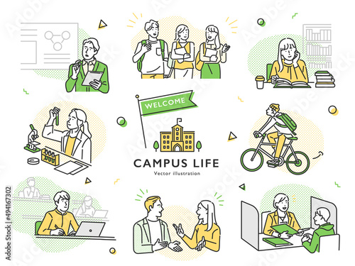 学生生活をおくる大学生の様々なキャンパスライフのイメージセットイラスト素材