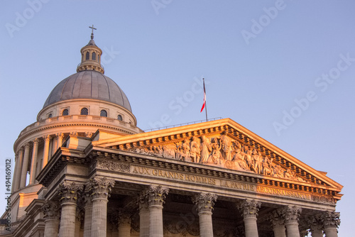 Dome and pediment of Pantheon in Paris at sunset, France