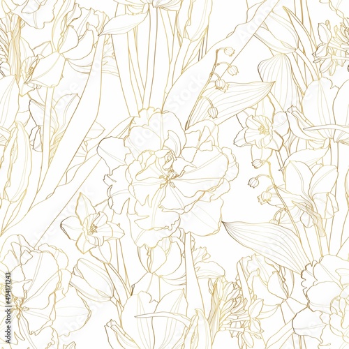 Golden seamless floral pattern background. Tulips flower. Hand drawn illustration and sketch Tulips flower. Golden with line art illustration.