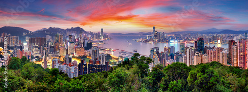 Hong Kong - Victoria harbour at sunset, panorama