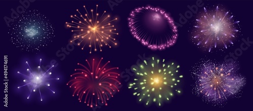 Realistic fireworks burst effect for festive, celebration or party. Firecracker explosion for diwali carnival. Night sky firework vector set