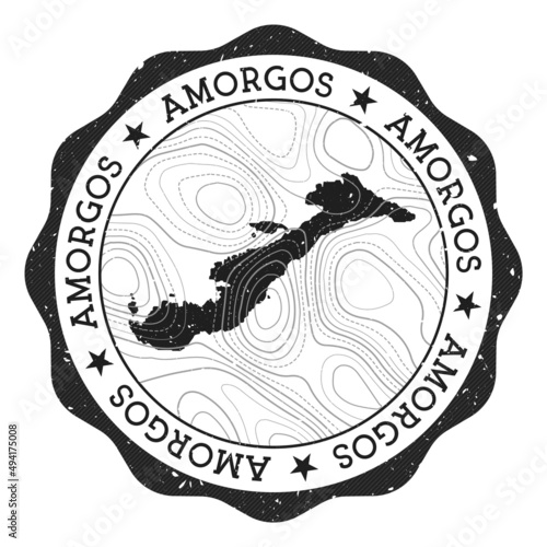 Amorgos outdoor stamp. Round sticker with map of island with topographic isolines. Vector illustration. Can be used as insignia, logotype, label, sticker or badge of the Amorgos.