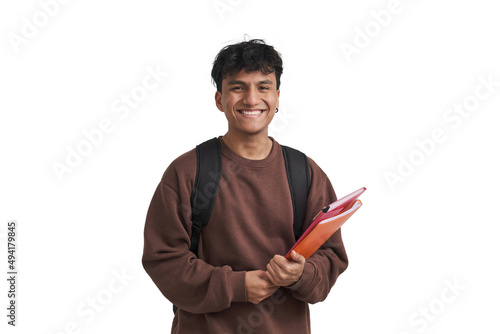 Young peruvian student smiling and looking at camera. Isolated over white background.