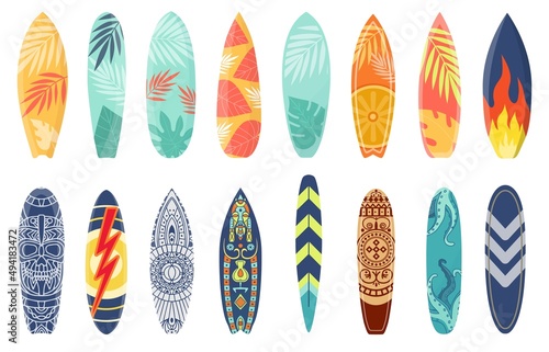 Cartoon surfing board with summer design and ethnic pattern. Surfboard with tropical leaf print, flame and lightning. Surf boards vector set