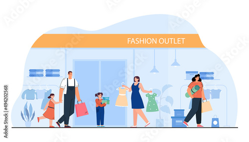 Trendy fashion outlet with consumers buying clothes. People in boutique, mall, clothing store, retail shop, woman choosing apparel flat vector illustration. Shopping concept for banner, website design
