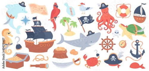 Pirate collection, captain hat, battle ship, marine animal characters in pirates costumes. Octopus and shark in captain hat, flag with skull, treasure map, sea adventures elements vector set