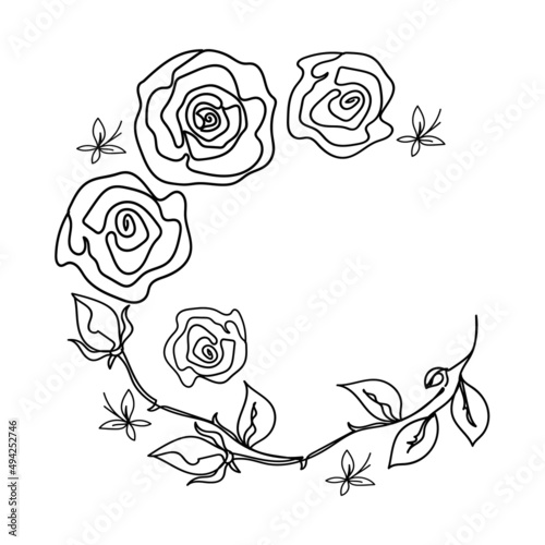 Rose continuous line wedding wreath, outline sketch style vector abstract art.