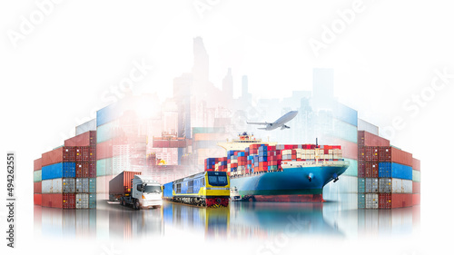 Global logistics transportation import export of containers cargo ship, freight train and airplane with red container truck at port shipping dock yard on city white background with copy space