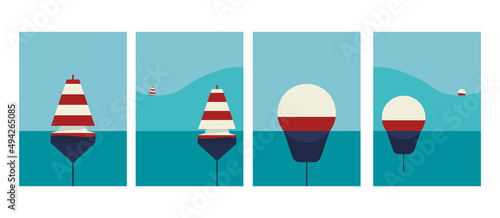 Set of posters buoy on the sea, ocean. Illustration of calm sea and ocean with waves.