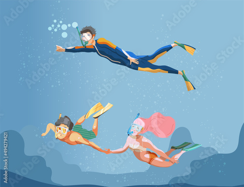 Scuba diver exploring sea depth. People scuba diving and snorkeling vector illustration