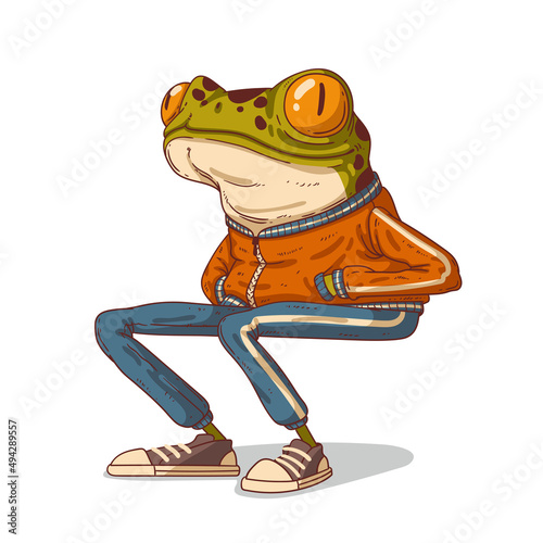 Urban frog guy, vector illustration. A calm anthropomorphic frog sitting with his hands in pockets and observing what is happening. A humanized hipster toad. An animal character with a human body.