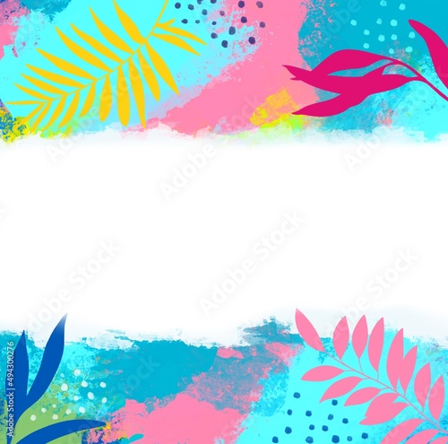 Bright abstract background of palm tree and plants in doodle and memphis style trendy colors cyan blue yellow green magenta pink in tropical style for print card or website with place for text 