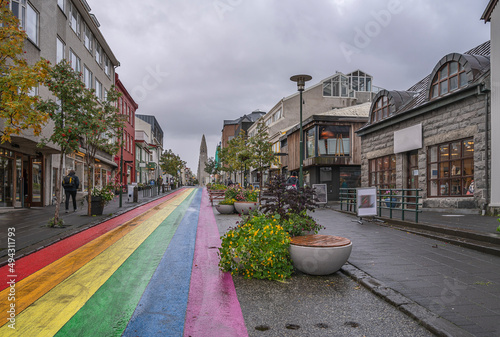 Rainbow painted street in downtown Reykjavik, Iceland