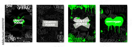 Dark Poster Graffiti set with toxic green spots, scribbles, tags, ink splashes, lettering in hip hop style. Street art tags covers with smudges and drops and throw up pieces. Vector Posters Graffiti