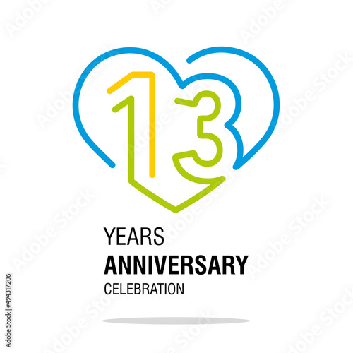 13 years anniversary celebration decoration colorful number bounded by a loving heart modern love line design logo icon white background