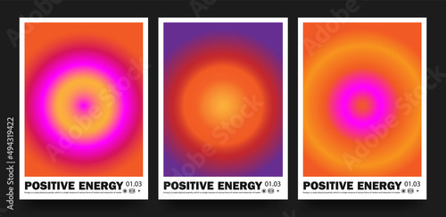Collection of abstract posters with blurred circles on a holographic background. Sunset light lamp circle vector.
