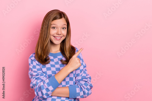 Photo of brown hairdo nice teen girl index promo wear plaid sweater isolated on pink color background