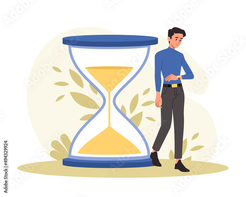 Man looks at clock. Time running out, management. Responsible employee, character trying to meet deadline. Young businessman or entrepreneur making appointment. Cartoon flat vector illustration