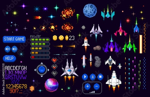 Space game asset 8 bit pixel art. Galaxy planets, rockets, starcraft, font and pixel art interface vector buttons. Retro arcade game spaceships, stars, explosion sprite effect and astronaut objects