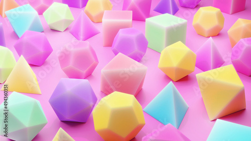 collection of Platonic solids in soft pastel colours on a pink background (colourful polyhedra - tetrahedron, cube, octahedron, dodecahedron and icosahedron)