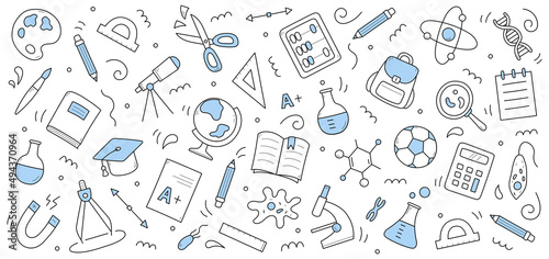 School and science doodle background with education signs. Line art vector protractor, globe, test. Pencil, backpack and chemical beakers, paints, palette, academic cap, compass, cells and abacus