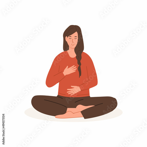 Young female with crossed legs and closed eyes doing abdominal exercise. Woman sitting cross-legged and practice deep belly breathing. Meditation, diaphragm breathing, pranayama yoga. Vector.