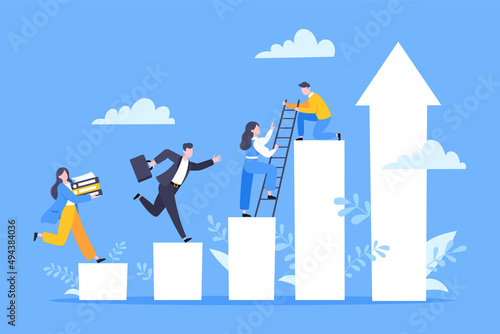 Business mentor helps to improve career and holding stairs steps vector illustration. Mentorship, upskills, climb help and self development strategy flat style design business concept.