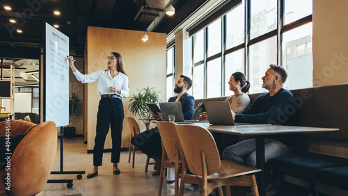 Female manager giving a presentation to her team