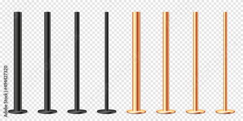 Realistic metal poles collection isolated on transparent background. Glossy bronze and steel pipes of various diameters. Billboard or advertising banner mount, holder. Vector illustration.