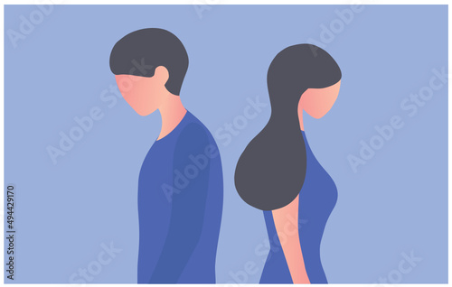 Depressed couple sitting back to back in the dark room. Depression, Intimate, quarrel, conflict, married or sexual problems in couple vector illustration 
