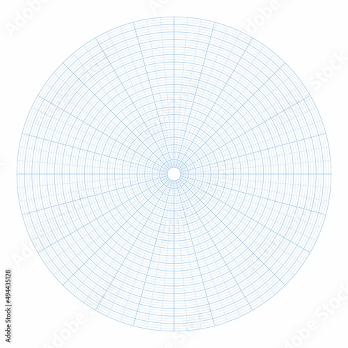 Vector illustration polar grid isolated on white background. Polar coordinate circular grid in flat style. 360 degrees scale. Blank polar graph paper template.