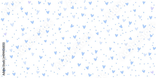 Blue white background with hearts and dots, seamless pattern, vector drawing wide horizontal 