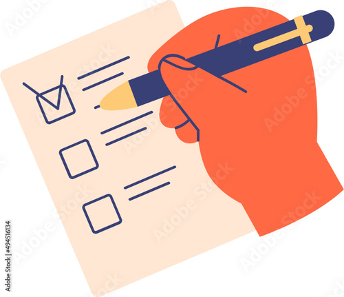 Hand with Pen Filling out Questionnaire Cartoon Illustration