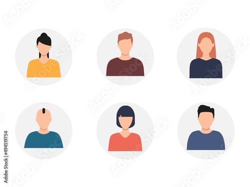 European business men and women in round light gray shapes. Human heads group. People avatar set. User icon. Vector illustration isolated on white.