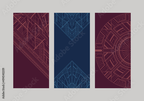 Set of dark blue and burgundy cards with art ornament